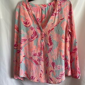 Lilly Pulitzer Women’s Stacey Silk Blouse Elsa Poolside Love Bird Long Sleeve XL